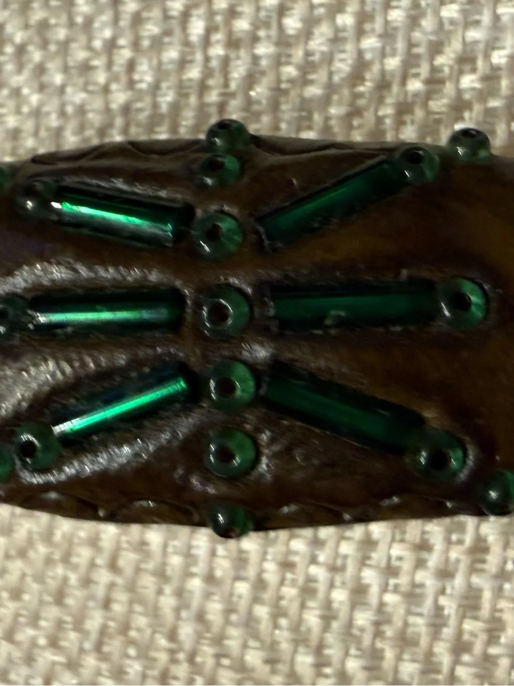 Vintage Brown Celluloid Hair Barrette 2.5” Green Glass Beaded Art Deco
